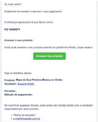 Exemplo de e-mail da Kiwify com o botão Acessar meu produto